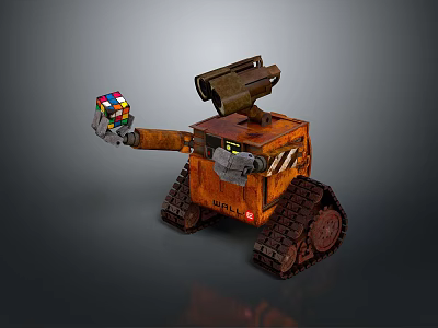 Rusty Orange Tracked Robot Character With Mechanical Arm Holding Colorful Rubik's Cube 3d model