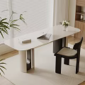Modern Desk with Laptop Book Flower Vase Near Window Blinds and Wooden Bookshelf