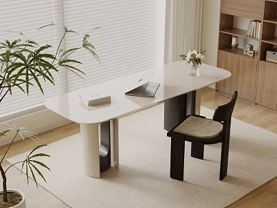 Modern Desk with Laptop Book Flower Vase Near Window Blinds and Wooden Bookshelf 3d model
