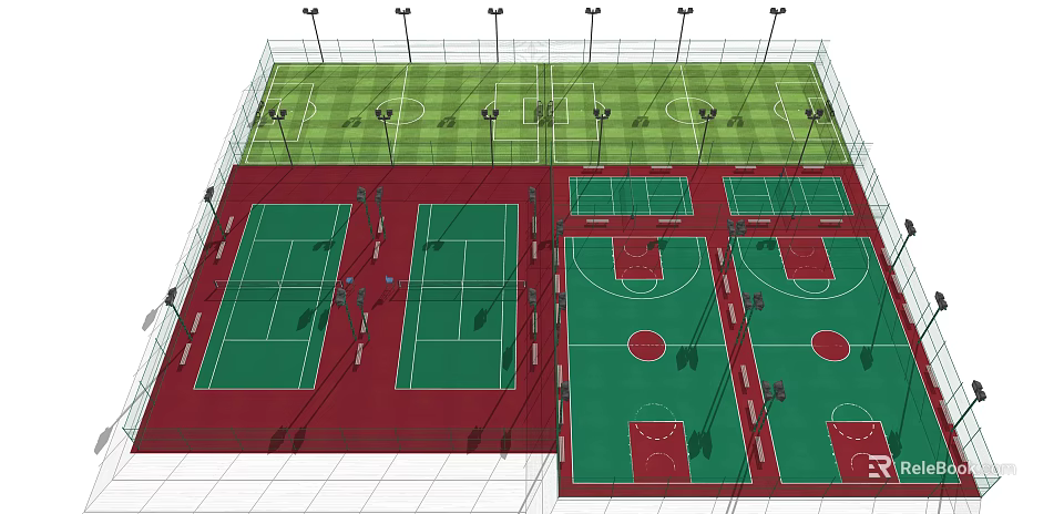 Outdoor Sports Fitness Complex With Football Tennis Basketball Courts And Lighting 3d model 