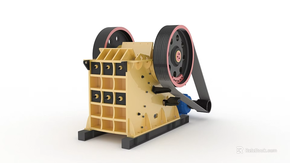 Industrial Equipment Jaw Crusher With Yellow Body And Dual Red Rim Wheels 3d model 