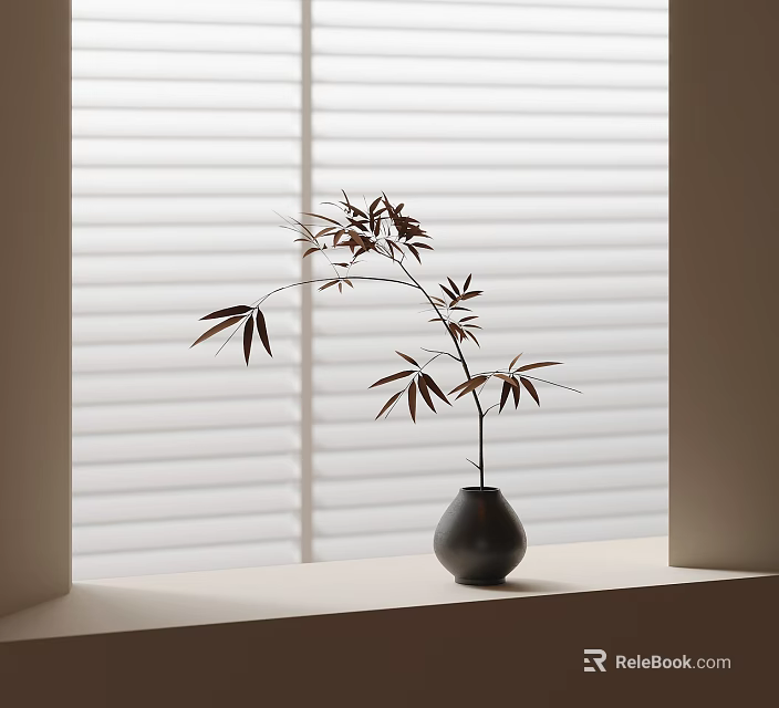 Black Vase With Bamboo Branches On Window Sill By White Blinds 3d model