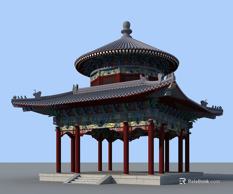 Traditional Chinese Pavilion With Ornate Multi Tiered Roof Red Pillars And Stone Steps 3d model 