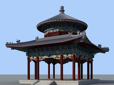 Traditional Chinese Pavilion With Ornate Multi Tiered Roof Red Pillars And Stone Steps 3d model