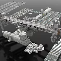 Cartoon Scene of International Space Station with Solar Panels and Modules in Space