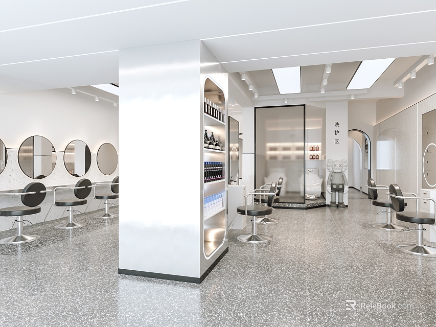 Bright Modern Beauty Hair Salon Interior With Styling Chairs Round Mirrors And Product Shelves 3d model 
