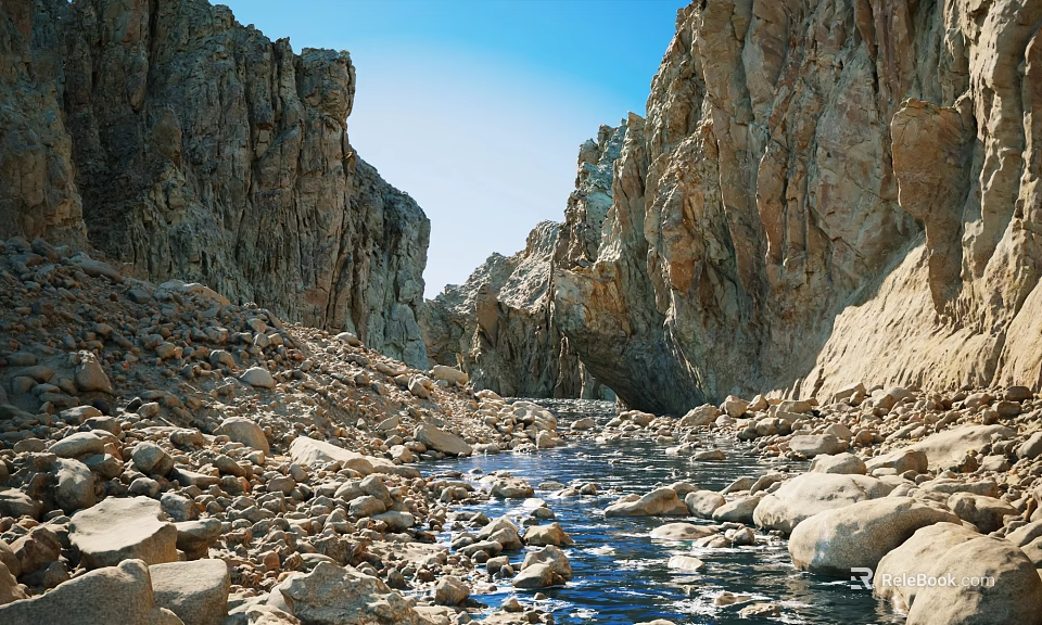 Magnificent Natural Rocky Canyon Scenery With Clear Running Stream Under Bright Cloudless Blue Sky 3d model 