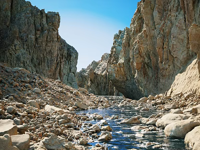 Magnificent Natural Rocky Canyon Scenery With Clear Running Stream Under Bright Cloudless Blue Sky 3d model