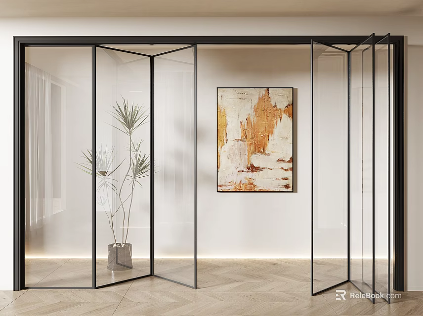 Modern Interior With Glass Folding Doors Black Frames Artwork And Wooden Floor 3d model 