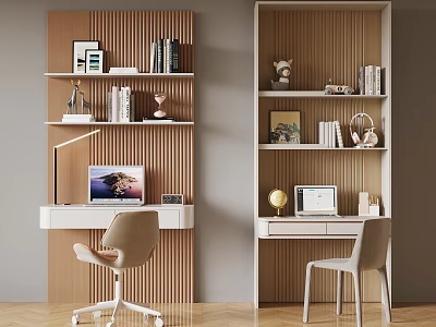 Modern Home Office Space With Wooden Shelves Desk Chair And Laptop Decorations 3d model