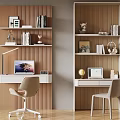 Modern Home Office Space With Wooden Shelves Desk Chair And Laptop Decorations