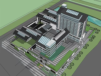 Modern Office Building Complex With Glass Curtain Walls Green Lawns And Trees 3d model
