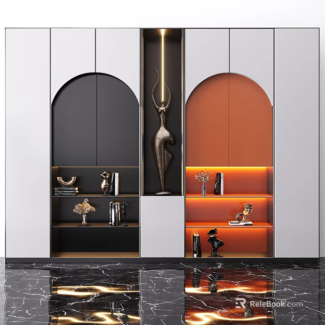 Modern Arched Kitchen Cabinets With Black Orange Panels Open Shelves And Decorative Lighting 3d model 