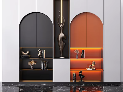 Modern Arched Kitchen Cabinets With Black Orange Panels Open Shelves And Decorative Lighting 3d model