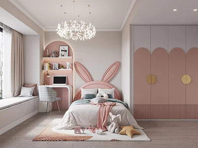 Cozy Kids Room Interior With Bunny Headboard Chandelier Bookshelf And Window Bench 3d model
