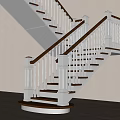 Indoor Staircase With White Railings Wooden Handrail Curved Design Light Colored Walls And Wooden Floor
