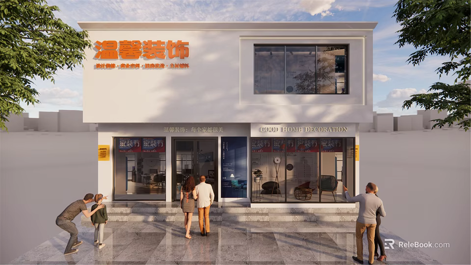 Modern Storefront Design With Orange Signage Two Story Building Glass Doors Windows And Decorative Elements 3d model 