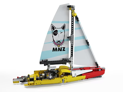 Colorful Building Blocks Sailboat Model With Yellow Red Hull White Sail And Blue Stripes 3d model
