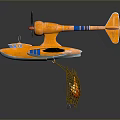 Toy Orange Airplane Model With Blue Yellow Wings and Metal Mesh Basket With Orange Fish
