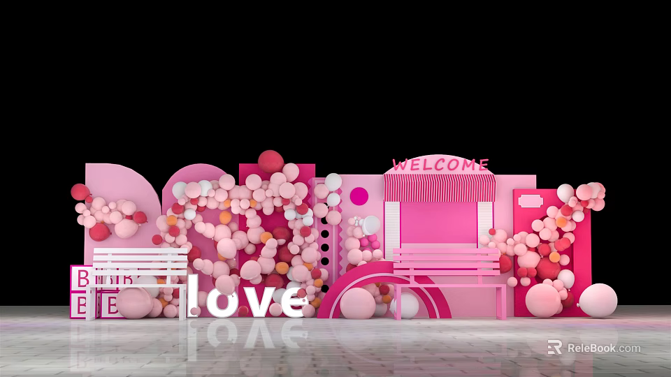 Pink Event Decorations With Welcome Sign Love Letters And Balloons Arch 3d model 