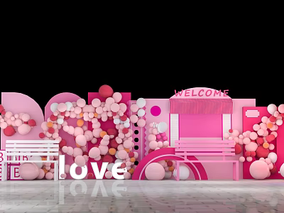 Pink Event Decorations With Welcome Sign Love Letters And Balloons Arch 3d model