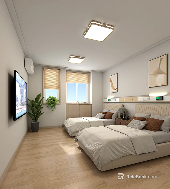 Cozy Bedroom Interior With Two Beds White Sheets Brown Pillows TV Plant And Decorative Paintings 3d model 