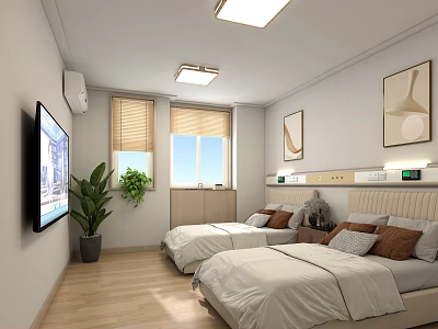 Cozy Bedroom Interior With Two Beds White Sheets Brown Pillows TV Plant And Decorative Paintings 3d model
