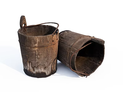 Vintage Wooden Barrels Ornament Set With Worn Texture For Decorative 3d model