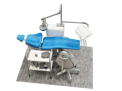 Blue Dental Treatment Chair With Overhead Light Side Cart And Tools 3d model