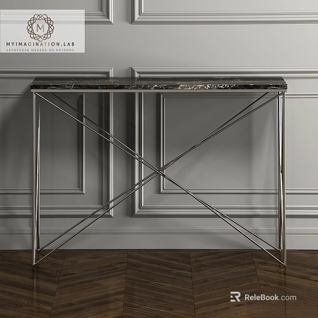 Modern Functional Table with Metal Frame and Marble Top in Paneled Wall Interior 3d model 