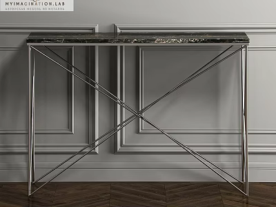 Modern Functional Table with Metal Frame and Marble Top in Paneled Wall Interior 3d model
