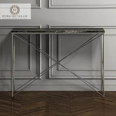 Modern Functional Table with Metal Frame and Marble Top in Paneled Wall Interior 3d model