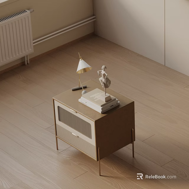 Wooden Side Table with Gold Legs Small White Shade Lamp Sculpture on Wooden Floor 3d model 