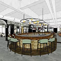 Modern Restaurant Interior Featuring Arched Design Chandelier Dining Tables And Display Cabinet