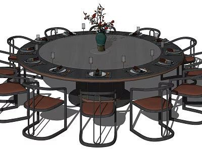 Modern Round Dining Table Set with Metal Frame Chairs Brown Seats Decorative Vase and Tableware 3d model