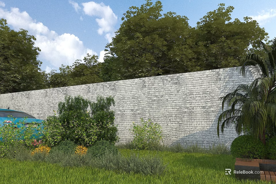 Garden Landscape Design Featuring White Brick Wall Green Trees Lawn Shrubs And Colorful Flowers 3d model 