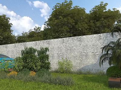 Garden Landscape Design Featuring White Brick Wall Green Trees Lawn Shrubs And Colorful Flowers 3d model