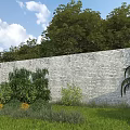 Garden Landscape Design Featuring White Brick Wall Green Trees Lawn Shrubs And Colorful Flowers