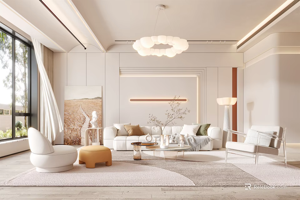 Modern Living Room Interior With White Sofa Circular Pendant Light Floor To Ceiling Window And Armchair 3d model 