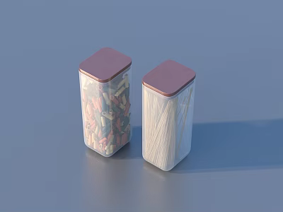Two Transparent Square Jars With Brown Lids Storing Different Food Items 3d model