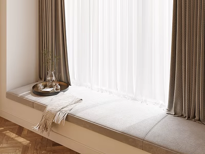 Gray Soft Cushioned Window Seat With Curtains Tray Decorations And Blanket 3d model