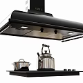 Kitchen Appliances Setup With Black Range Hood And Stainless Steel Kettle Pot On Stove Top