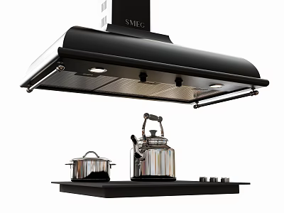 Kitchen Appliances Setup With Black Range Hood And Stainless Steel Kettle Pot On Stove Top 3d model