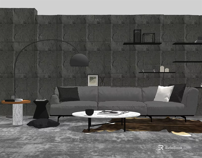 Modern Gray Three-Seater Sofa With Arched Floor Lamp Round Coffee Table Stone Wall And Shelves 3d model 