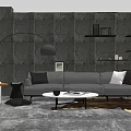 Modern Gray Three-Seater Sofa With Arched Floor Lamp Round Coffee Table Stone Wall And Shelves
