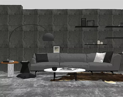 Modern Gray Three-Seater Sofa With Arched Floor Lamp Round Coffee Table Stone Wall And Shelves 3d model