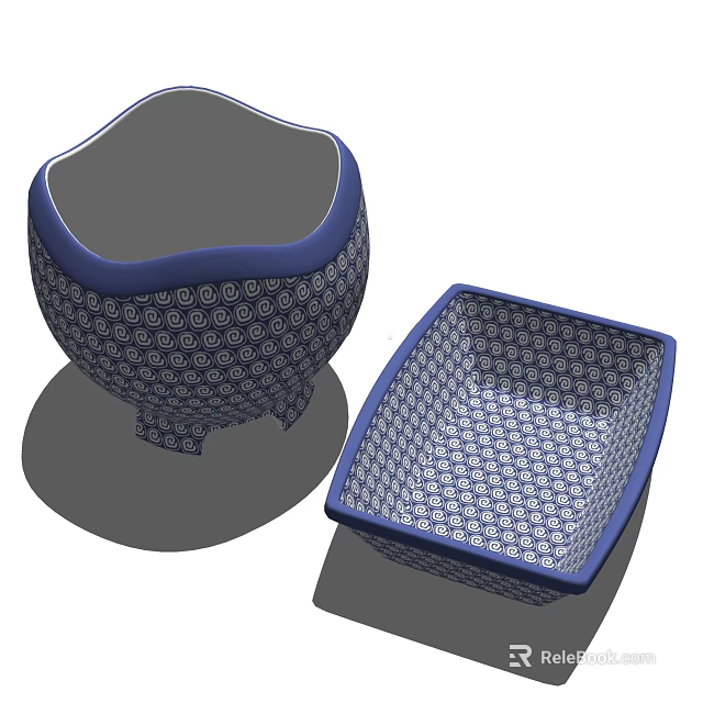 Blue And White Tableware Set With Bowl And Plate Featuring Circular Pattern Design 3d model 