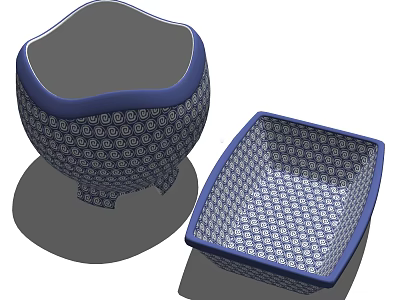 Blue And White Tableware Set With Bowl And Plate Featuring Circular Pattern Design 3d model