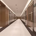 Modern Elevator Hallway Interior With Wooden Walls Glass Partitions And Recessed Lights