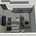 Modern Office Interior With Striped Walls Large Windows Desk Two Chairs And Grey Bookshelves